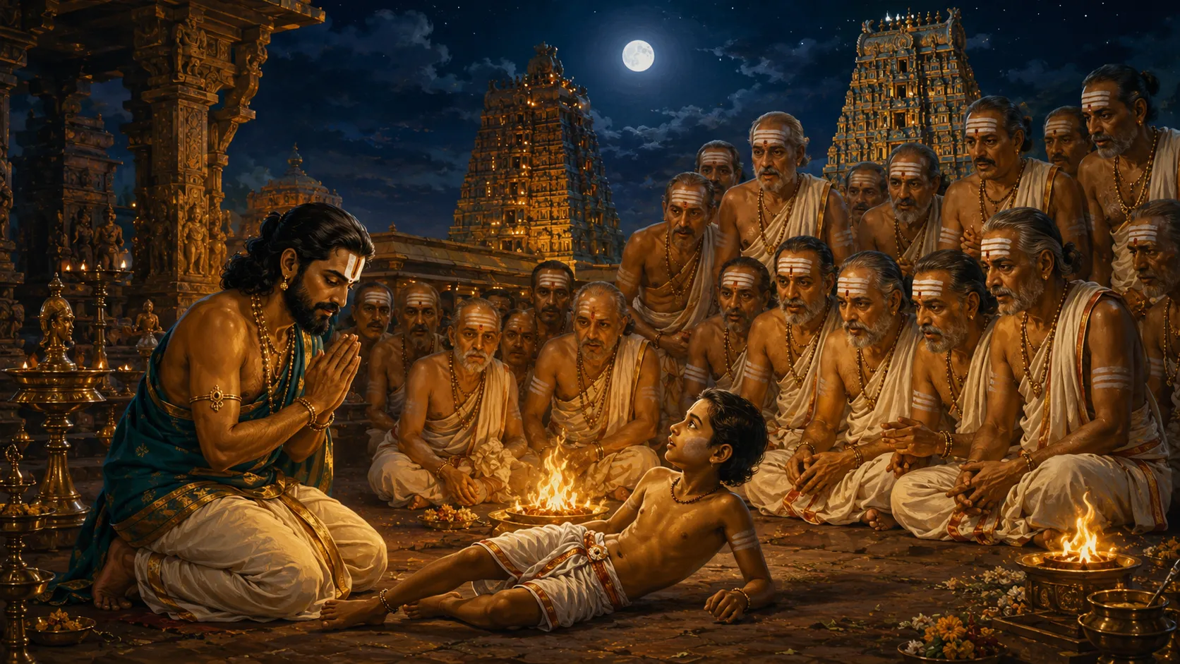 Kambar revives the child before the Thillai Mūvāyiravar at Chidambaram