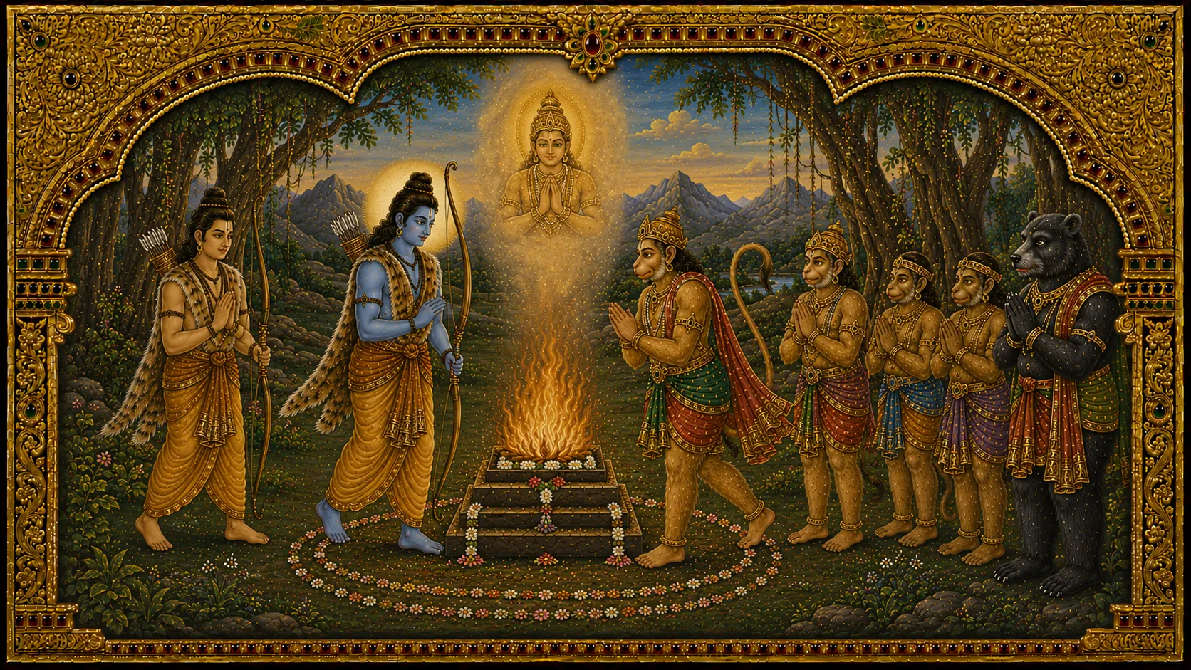 Rama and Sugriva vow friendship around the sacred fire