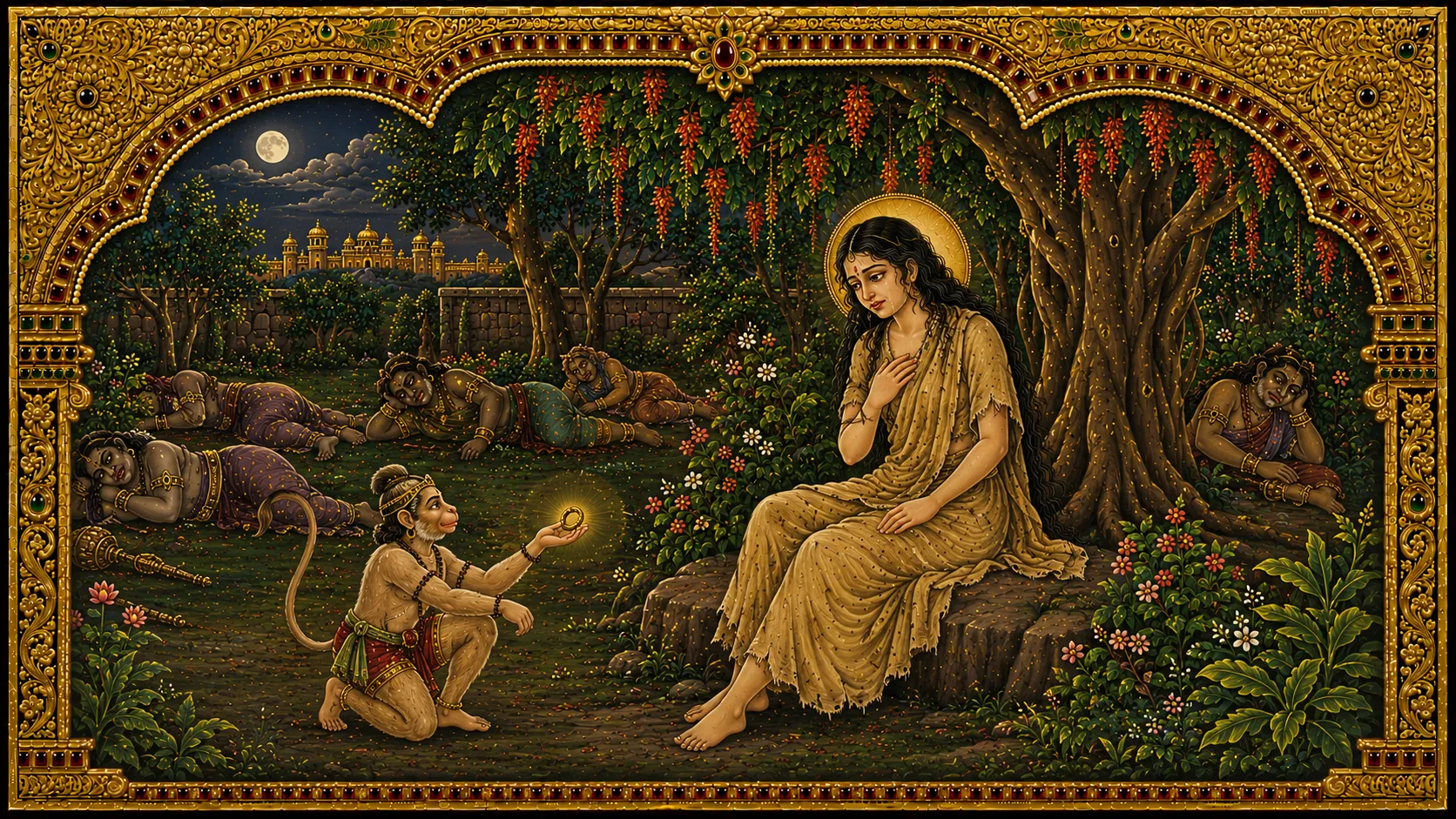 Hanuman offers Rama's ring to Sita in the Ashoka grove
